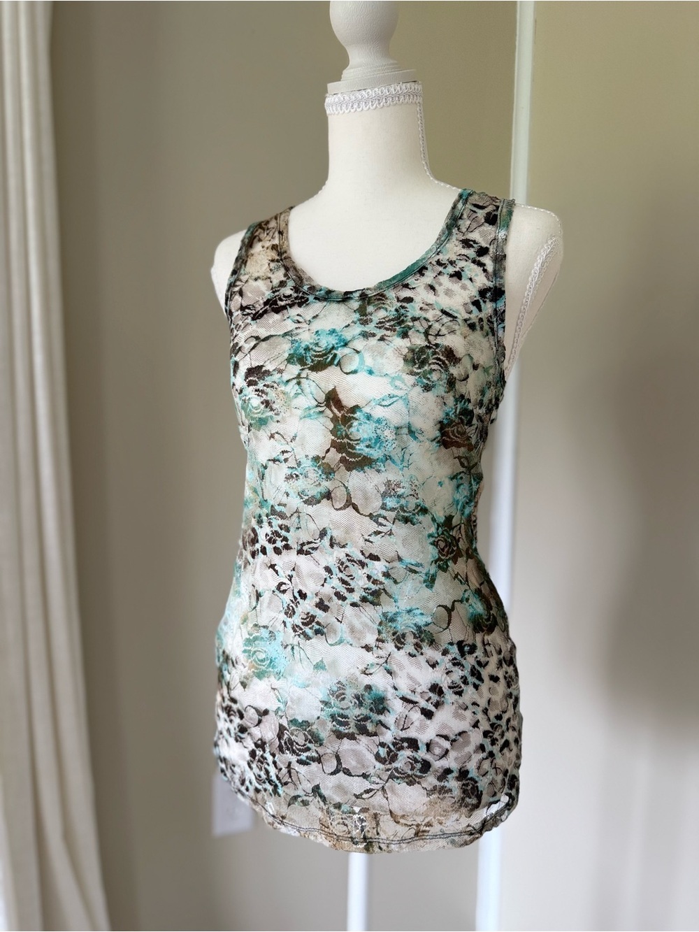 Vintage Y2K Almost Famous Floral Lace Tank sheer Top Teal Brown floral cheetah - Picture 2 of 9